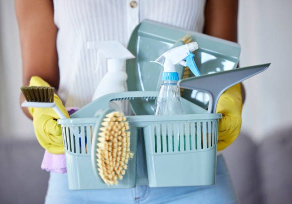 Cleaner holding basket, product closeup and cloth with brush, spray or bottle for health, safety or stop bacteria in home. Spring cleaning tools, chemical liquid and fabric in woman hands for service